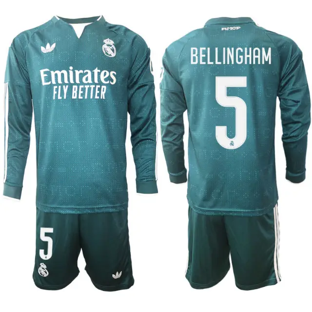 Moški dresi Real Madrid kompleti Gostujoči 2026/27 Jude Bellingham #5 zelena Dolgi Rokav